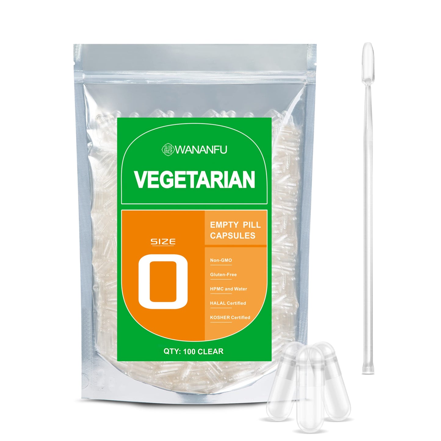 Wananfu Size 0 Vegetarian Empty Capsules – 100 Count Bundle + Micro Lab Spoon
