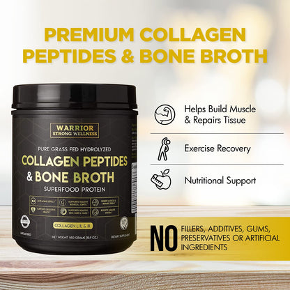Warrior Strong Wellness Premium Collagen Peptides Bone Broth Powder – Grass-Fed, Unflavored, Keto Friendly