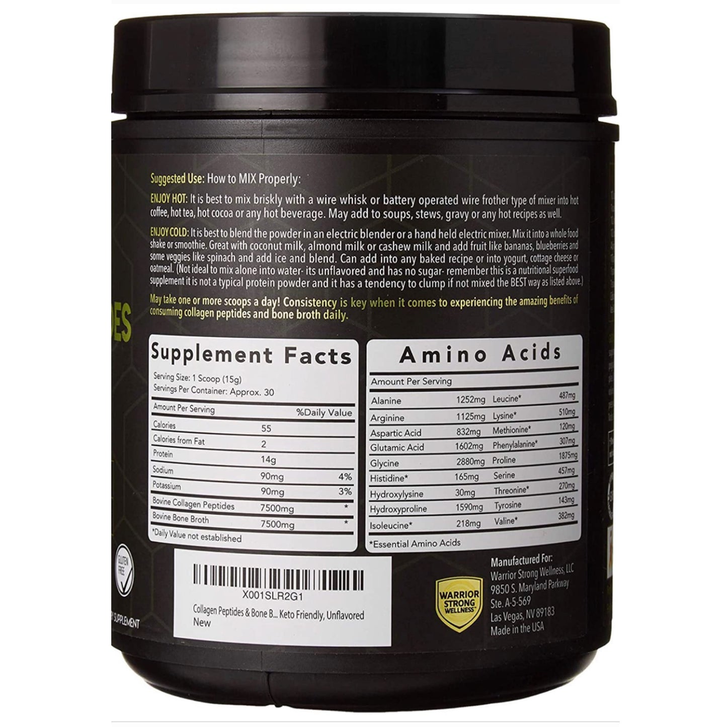 Warrior Strong Wellness Premium Collagen Peptides Bone Broth Powder – Grass-Fed, Unflavored, Keto Friendly