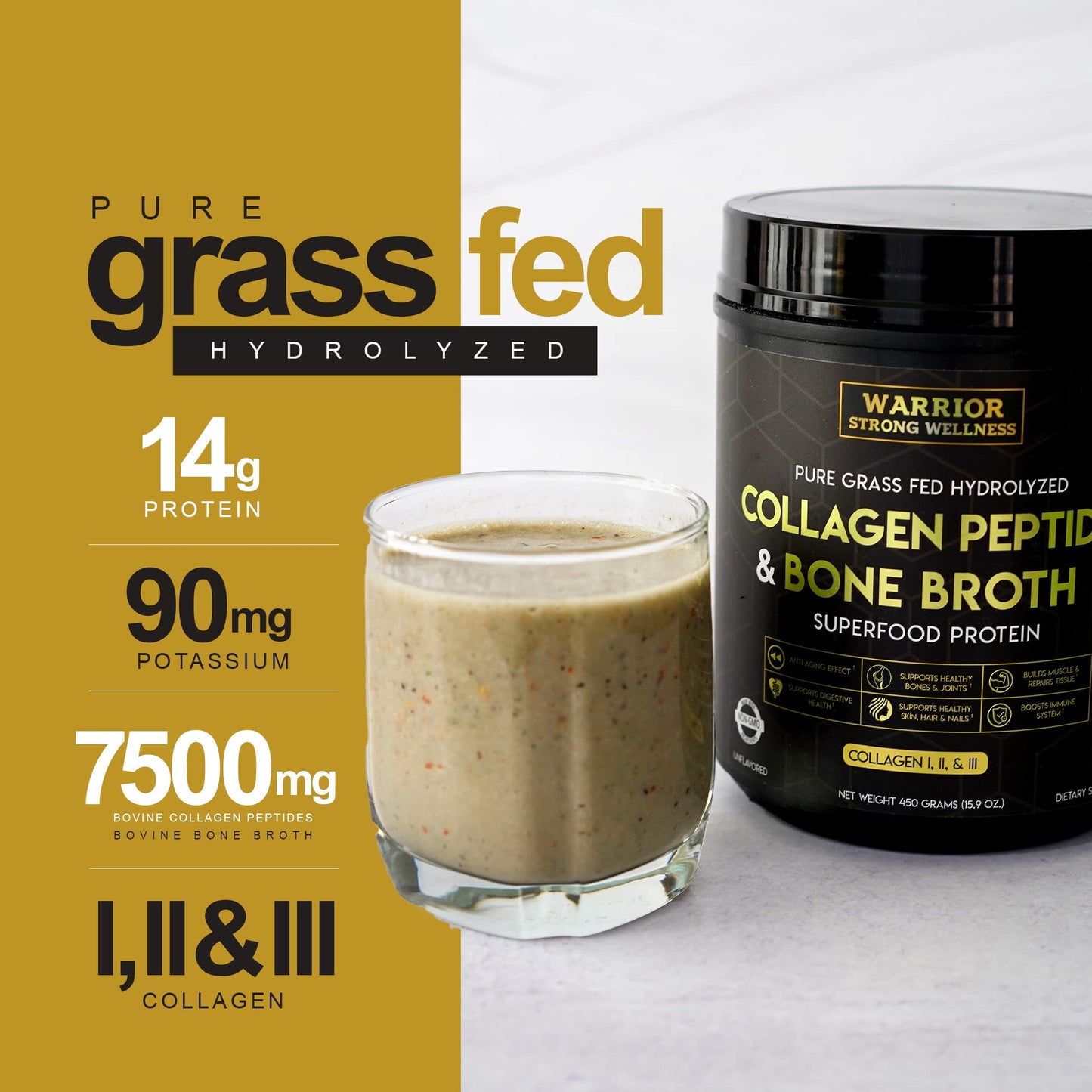 Warrior Strong Wellness Premium Collagen Peptides Bone Broth Powder – Grass-Fed, Unflavored, Keto Friendly