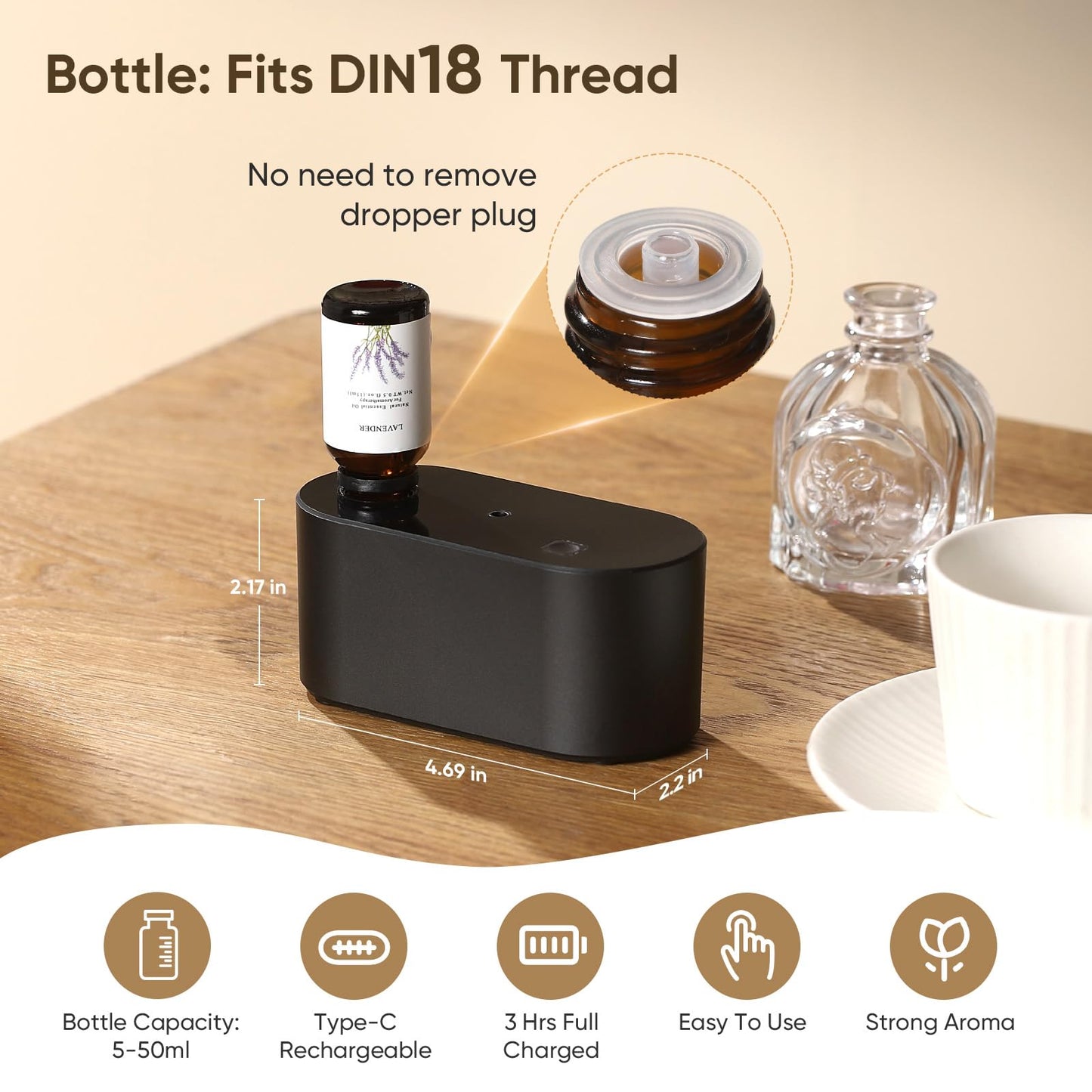 Waterless Diffuser for Essential Oils – 3 Mist Modes, 160 sq ft, Black