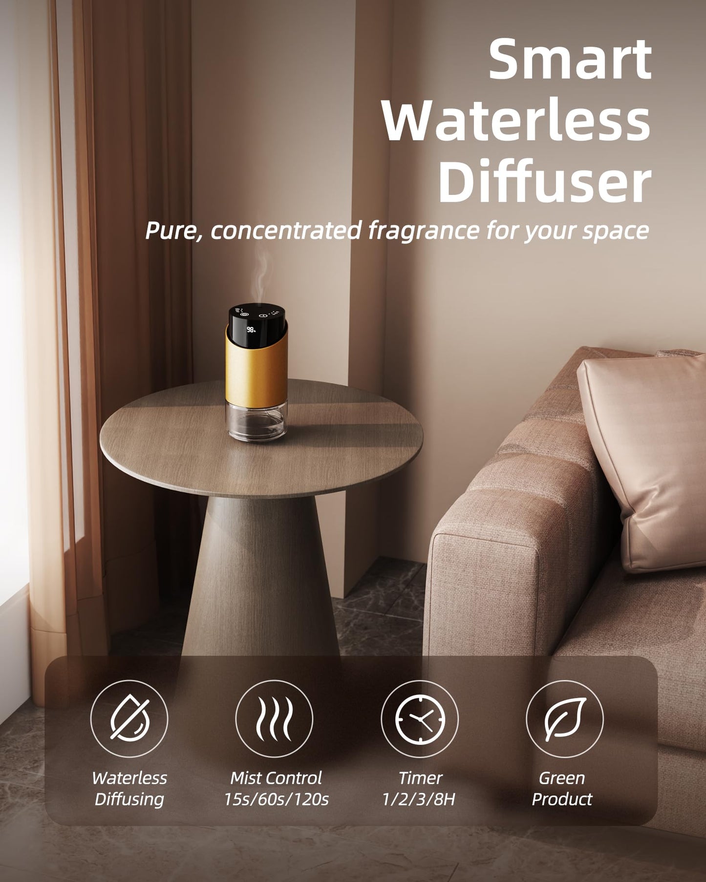 Waterless Essential Oil Diffuser – Aromatherapy Scent Diffuser for Home, Large Rooms, Car & Office | Battery-Operated Mini Portable Diffuser with 3 Countdown Timers & 3 Mist Levels
