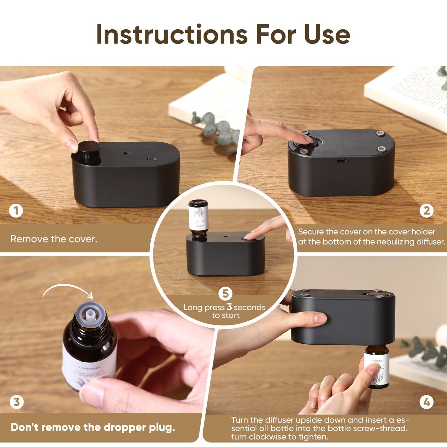 Waterless Diffuser for Essential Oils – 3 Mist Modes, 160 sq ft, Black