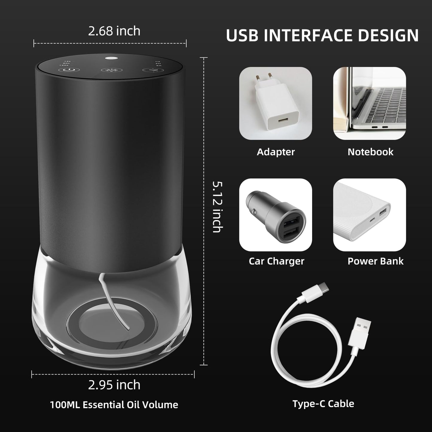 Waterless Essential Oil Diffuser 100ml – Battery Powered, 7-Color LED Lights for Large Rooms