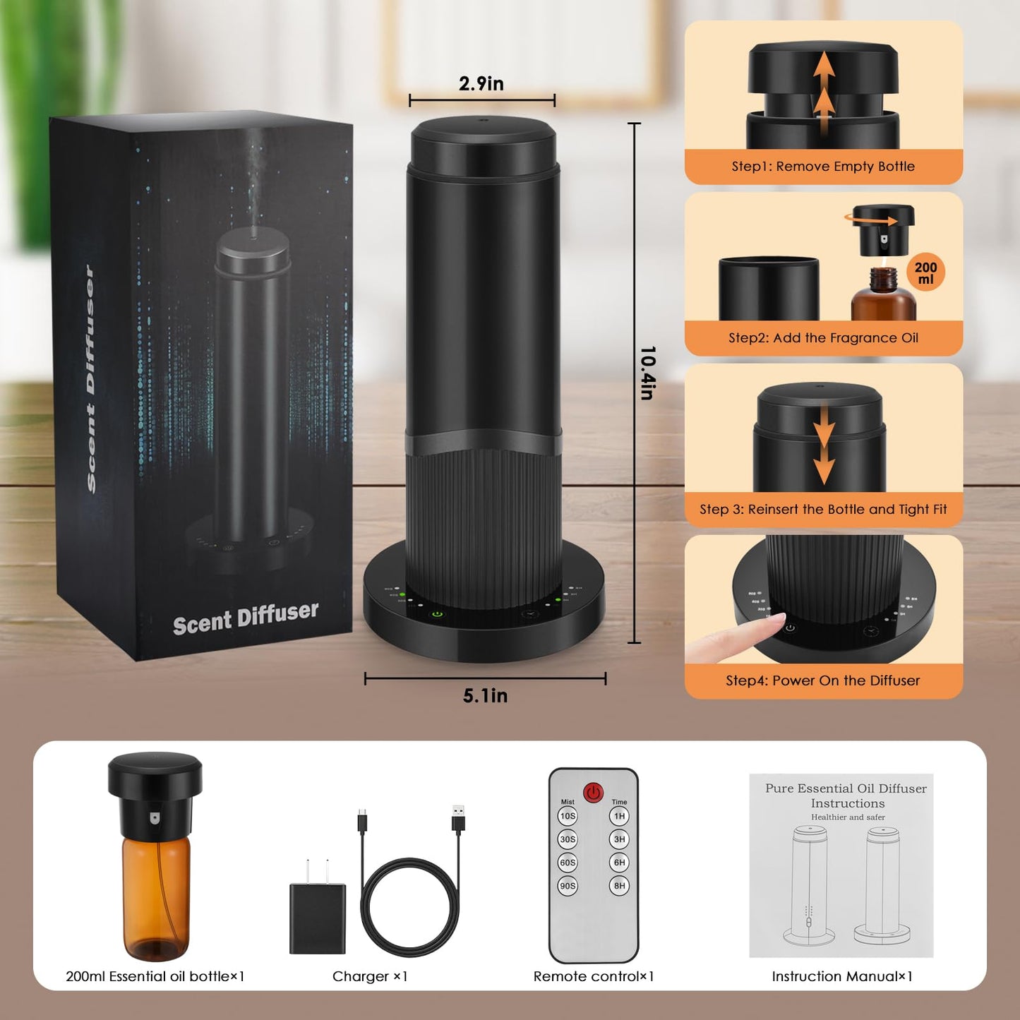 Waterless Essential Oil Diffuser 200ml - Covers 1500 sq ft - Hotel, Home, Office | Black