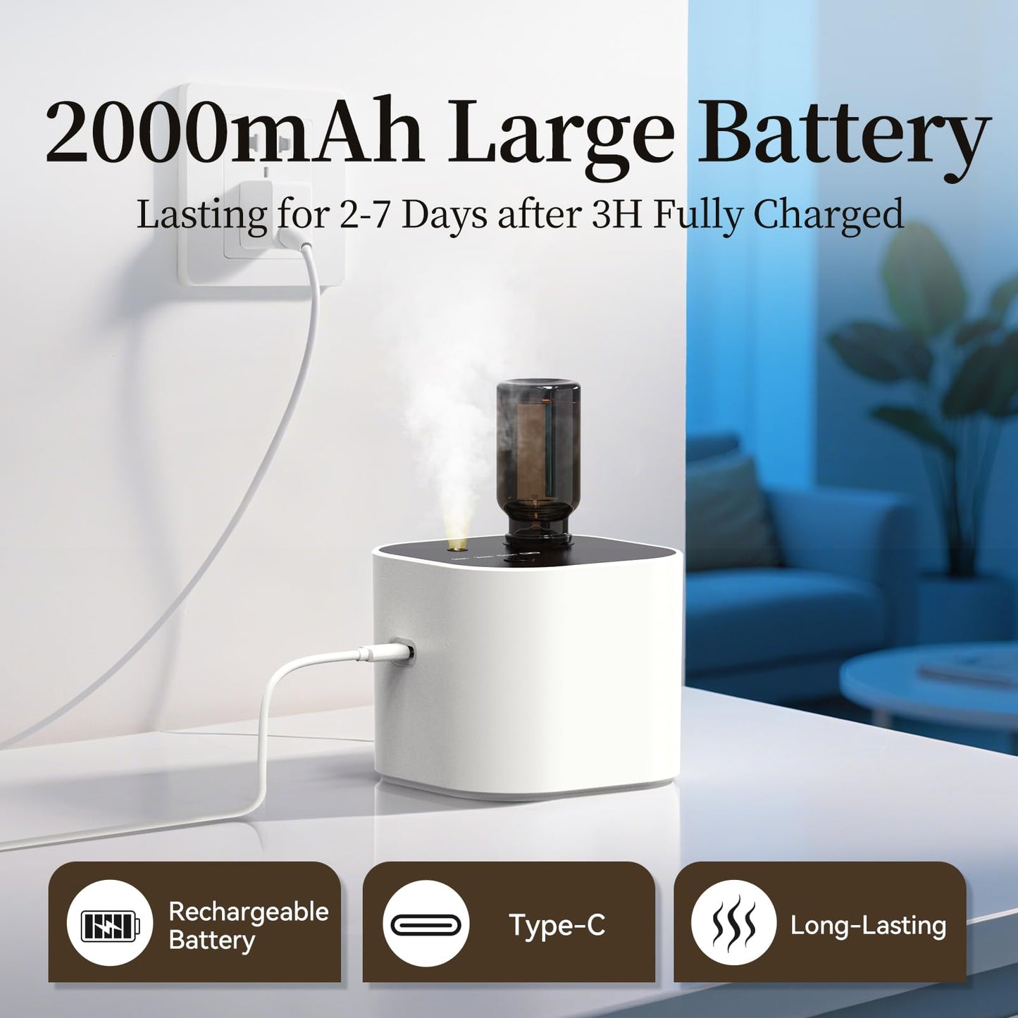 Waterless Battery-Operated Essential Oil Diffuser – 3 Mist Modes, 400 sq ft, White