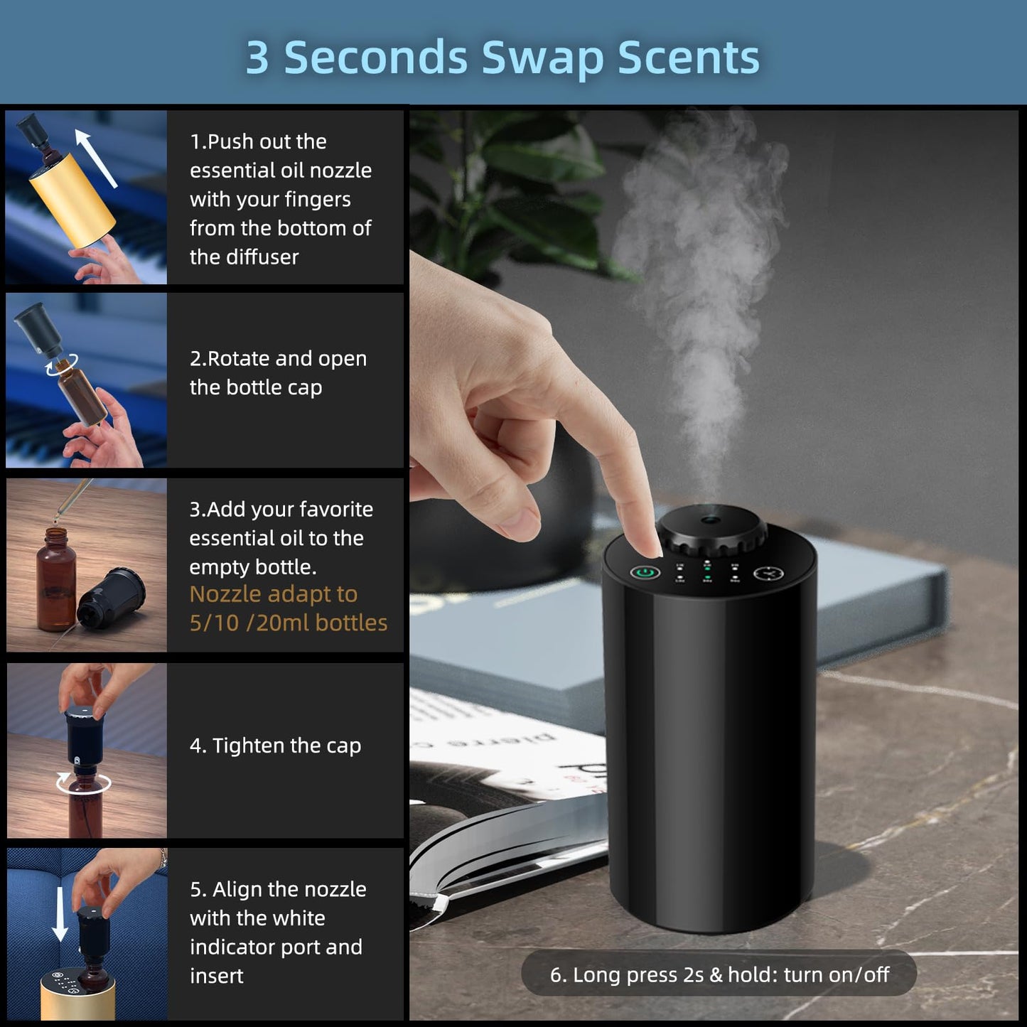 Waterless Essential Oil Diffuser – Battery-Operated, 4 Timers, 3 Mist Levels (Black)