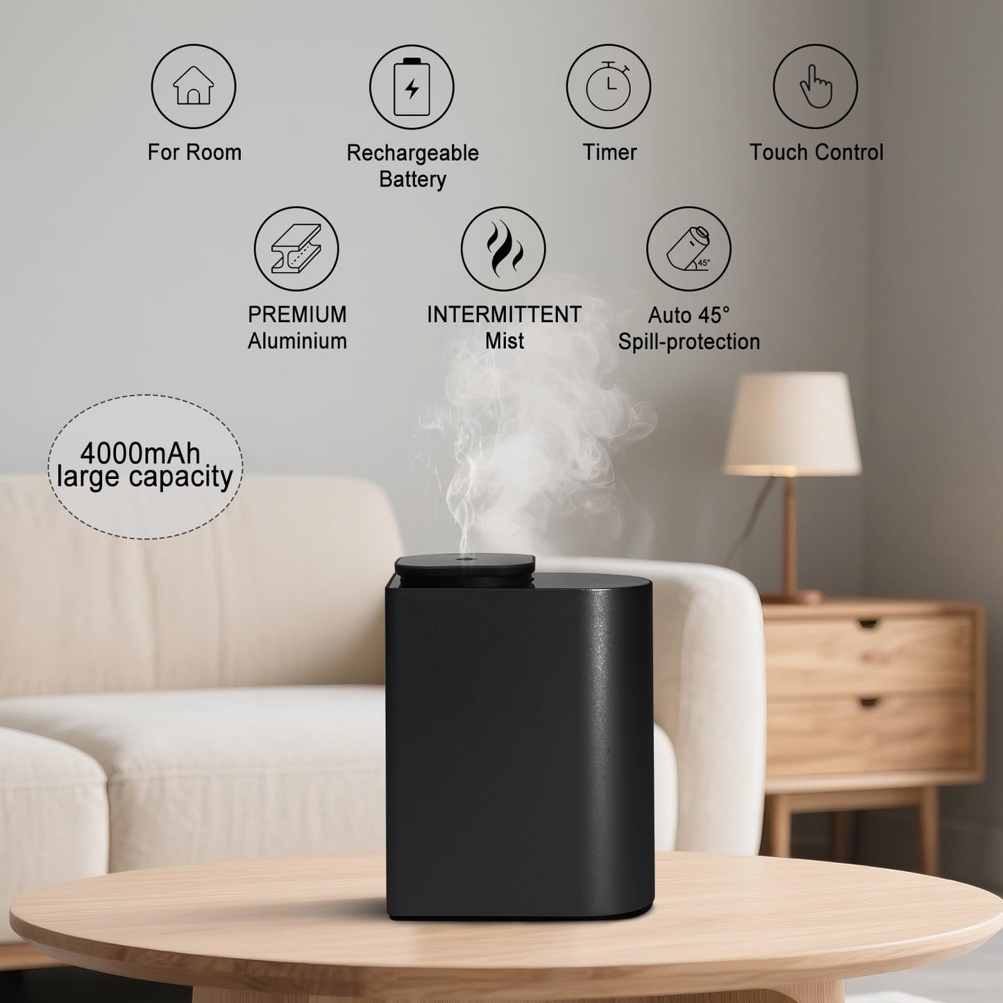 Waterless Essential Oil Diffuser | 4000mAh Battery, 100ml Capacity, Aluminum Alloy Desktop Scent Diffuser – Covers 1000 Sq Ft