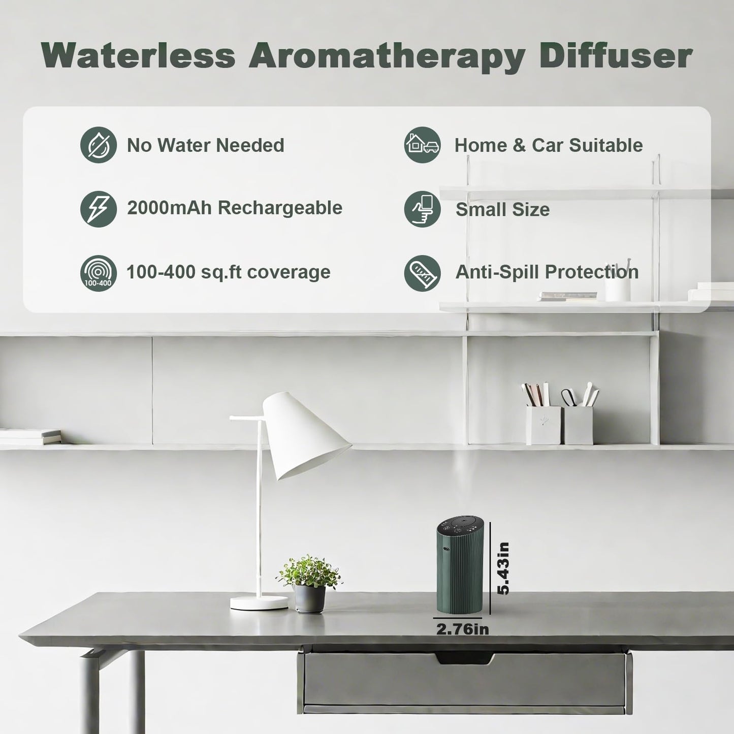 Waterless Essential Oil Diffuser with 4 Timer (1/3/6H & Off) & 3 Mist Levels | Rechargeable Portable Dark Green Aroma Diffuser