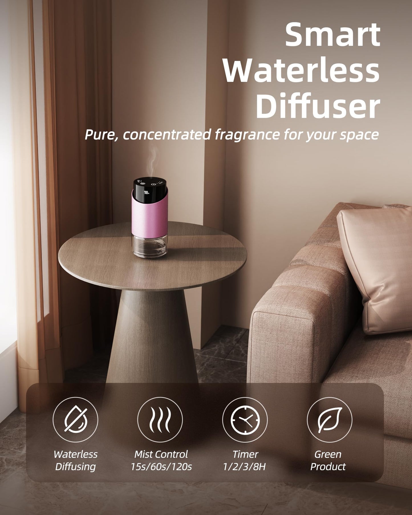 Waterless Essential Oil Diffuser Pink – 100ml, 4 Timers, 3 Mist Levels, Battery-Operated