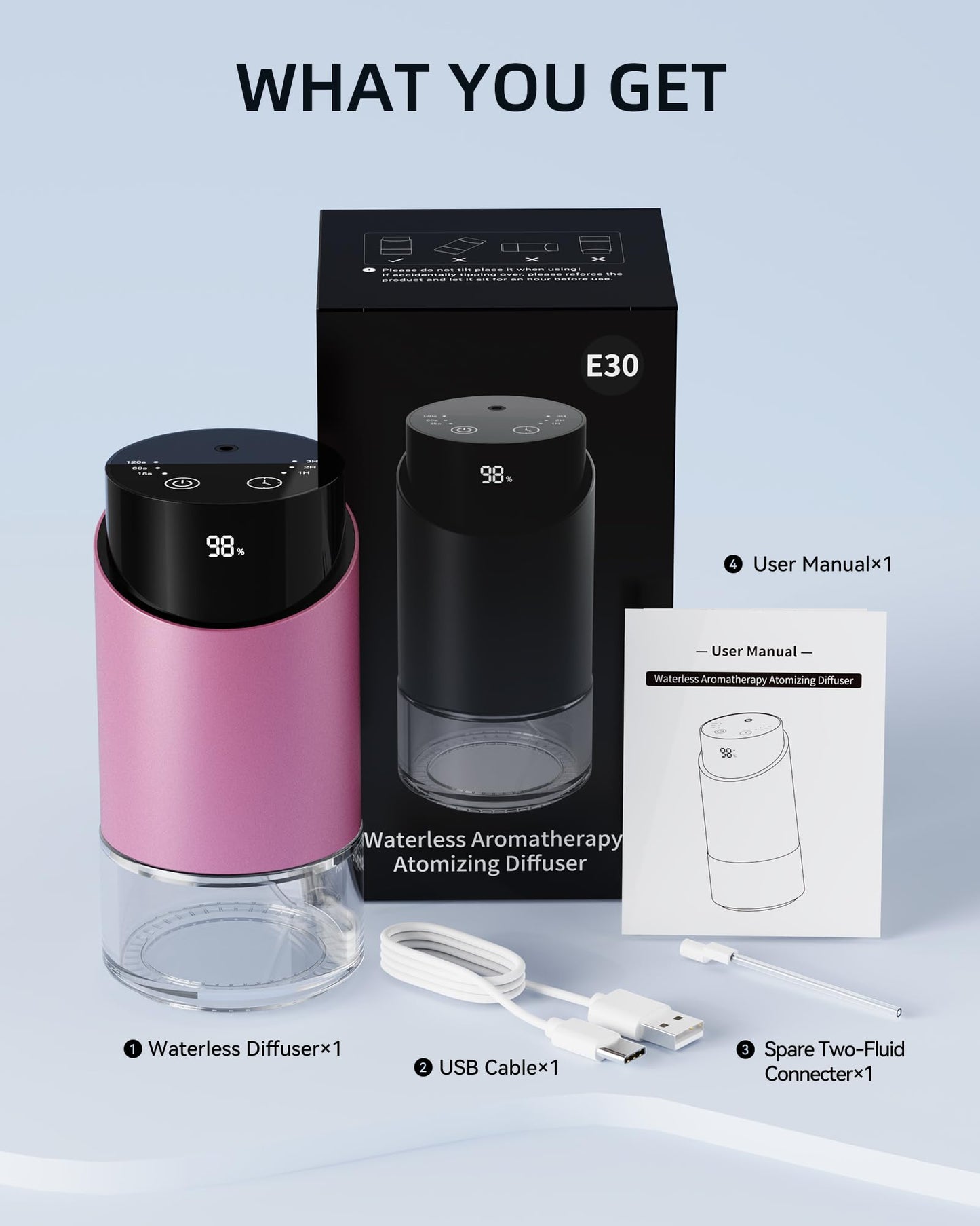 Waterless Essential Oil Diffuser Pink – 100ml, 4 Timers, 3 Mist Levels, Battery-Operated