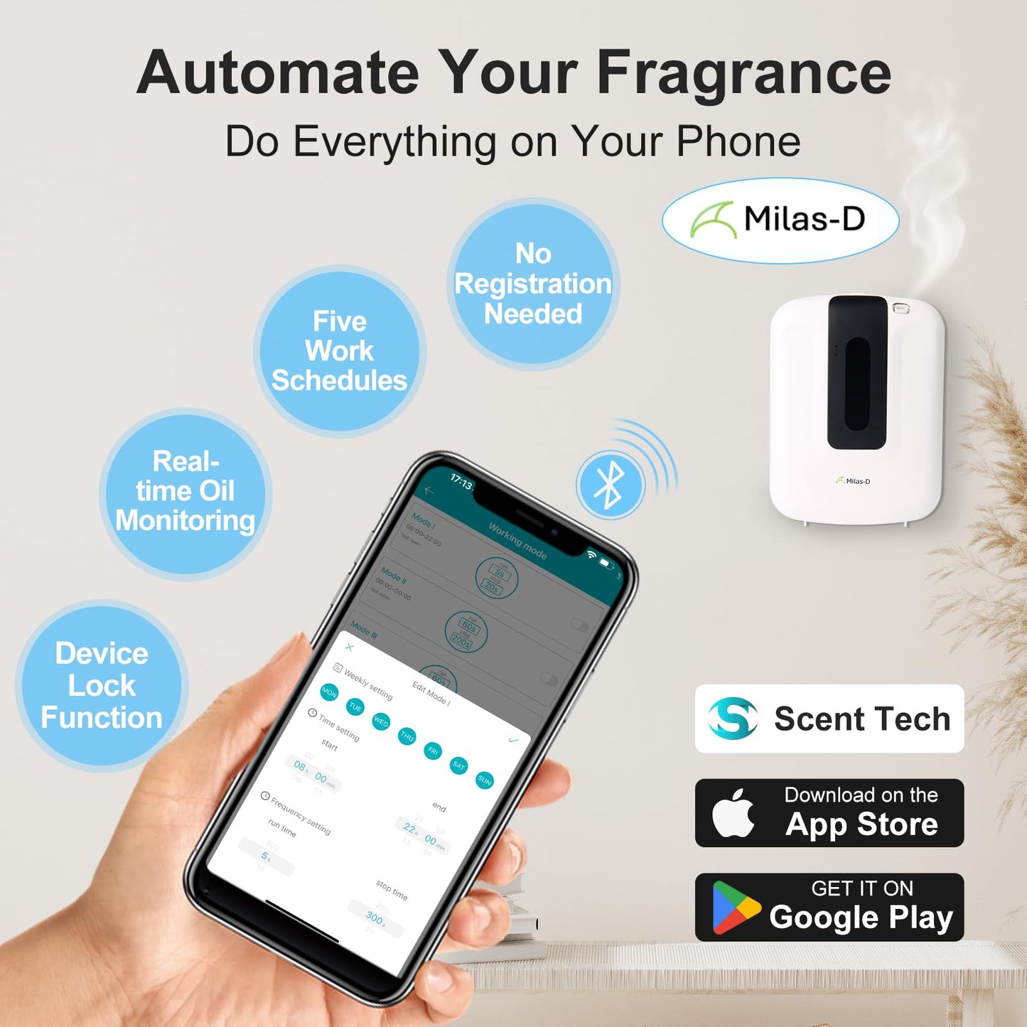 Waterless Essential Oil Diffuser for Home & Commercial – 13.5 fl oz, Up to 2000 sq ft | Milas-D