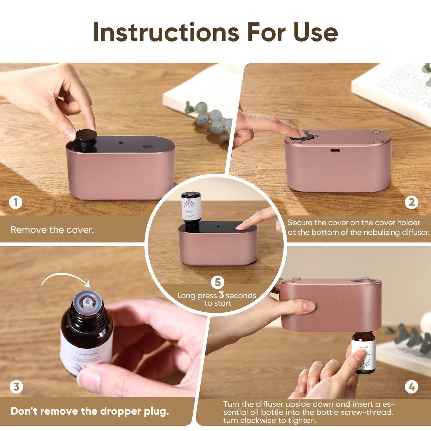 Waterless Diffuser for Home Essential Oils — Rose Gold, 3 Mist Modes, Portable Aromatherapy (160-350 sq ft)