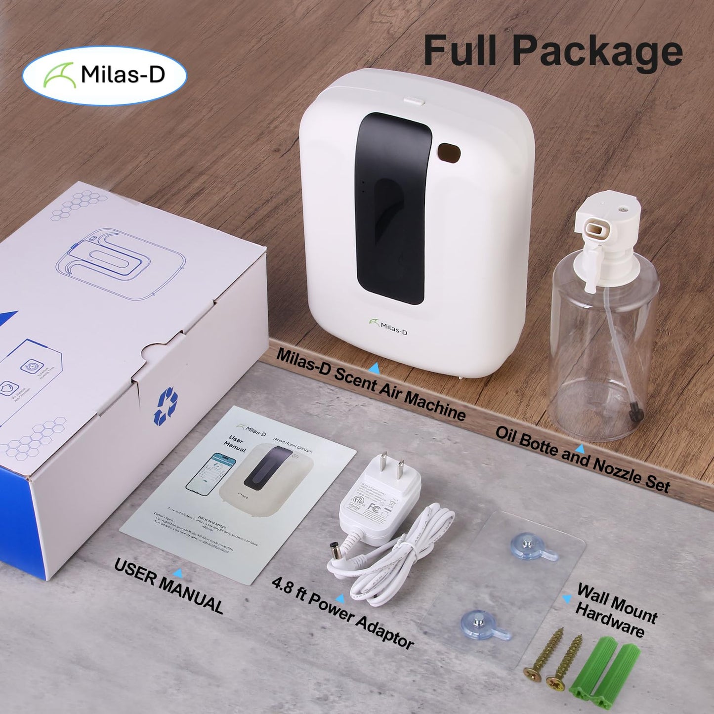 Waterless Essential Oil Diffuser for Home & Commercial – 13.5 fl oz, Up to 2000 sq ft | Milas-D