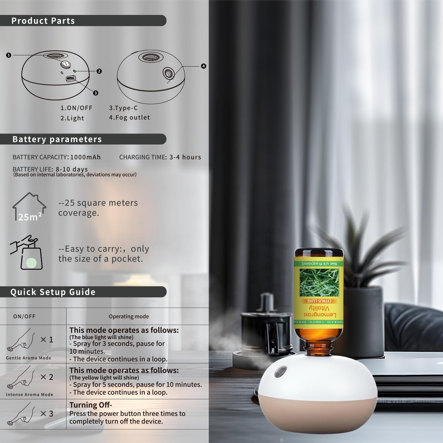 Rechargeable Waterless Oil Diffuser – 2 Mist Modes, 6 Essential Oils Starter Kit (Home, Car, Office)