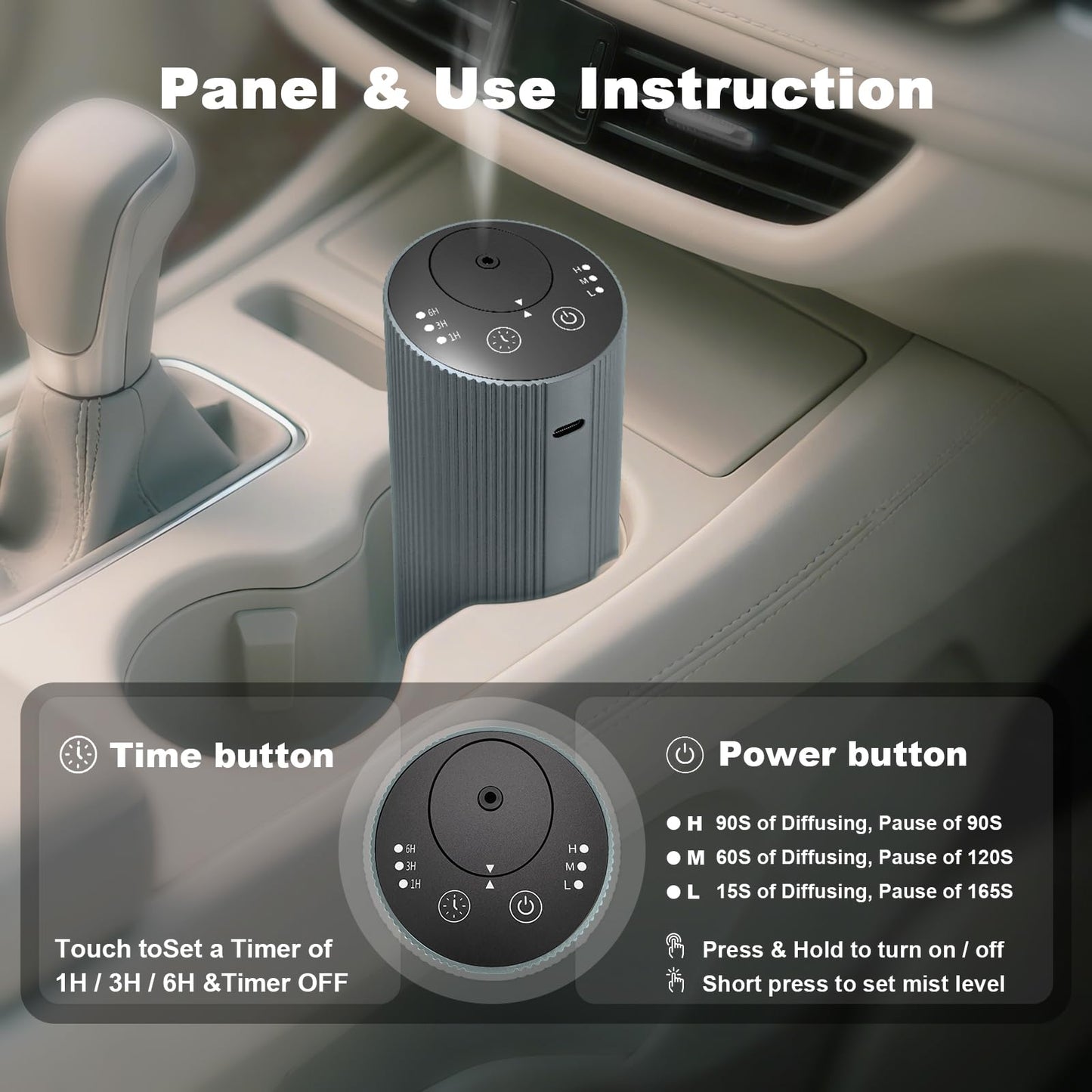Waterless Essential Oil Diffuser – Portable Rechargeable Aroma Diffuser (4 Timers, 3 Mist Levels) Silver Grey