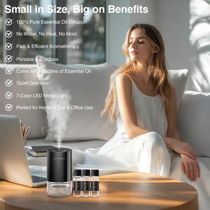 Waterless Essential Oil Diffuser Starter Kit – 3x20ml Oils, Battery Operated, 7-Color Light, 100ml, Black