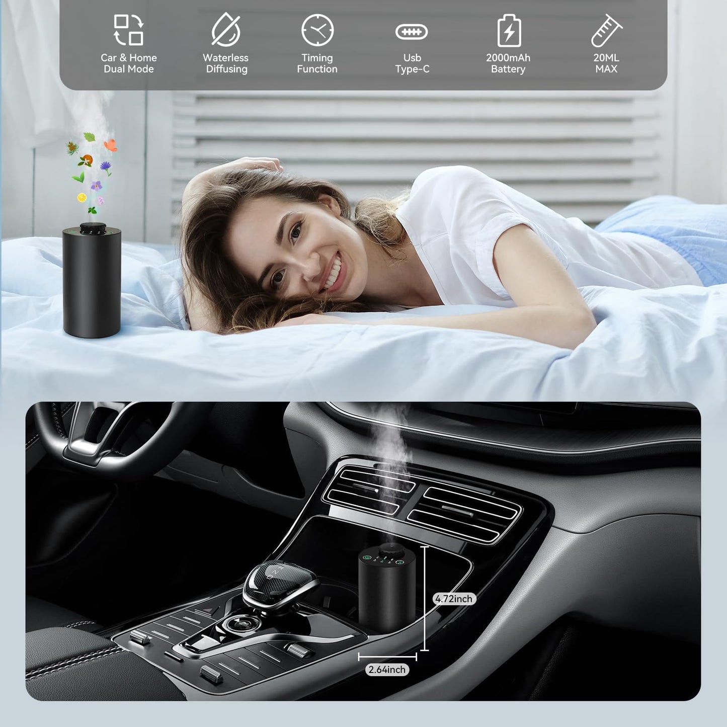 Waterless Essential Oil Diffuser – Battery-Operated Car Diffuser with Timing & 3 Mist Levels (Black Aluminum Alloy)