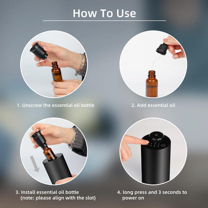Waterless Essential Oil Diffuser – Battery-Operated Car Diffuser with Timing & 3 Mist Levels (Black Aluminum Alloy)