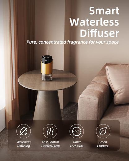 Waterless Essential Oil Diffuser – 100ml, 4 Timers, 3 Mist Levels, Battery Powered, Golden