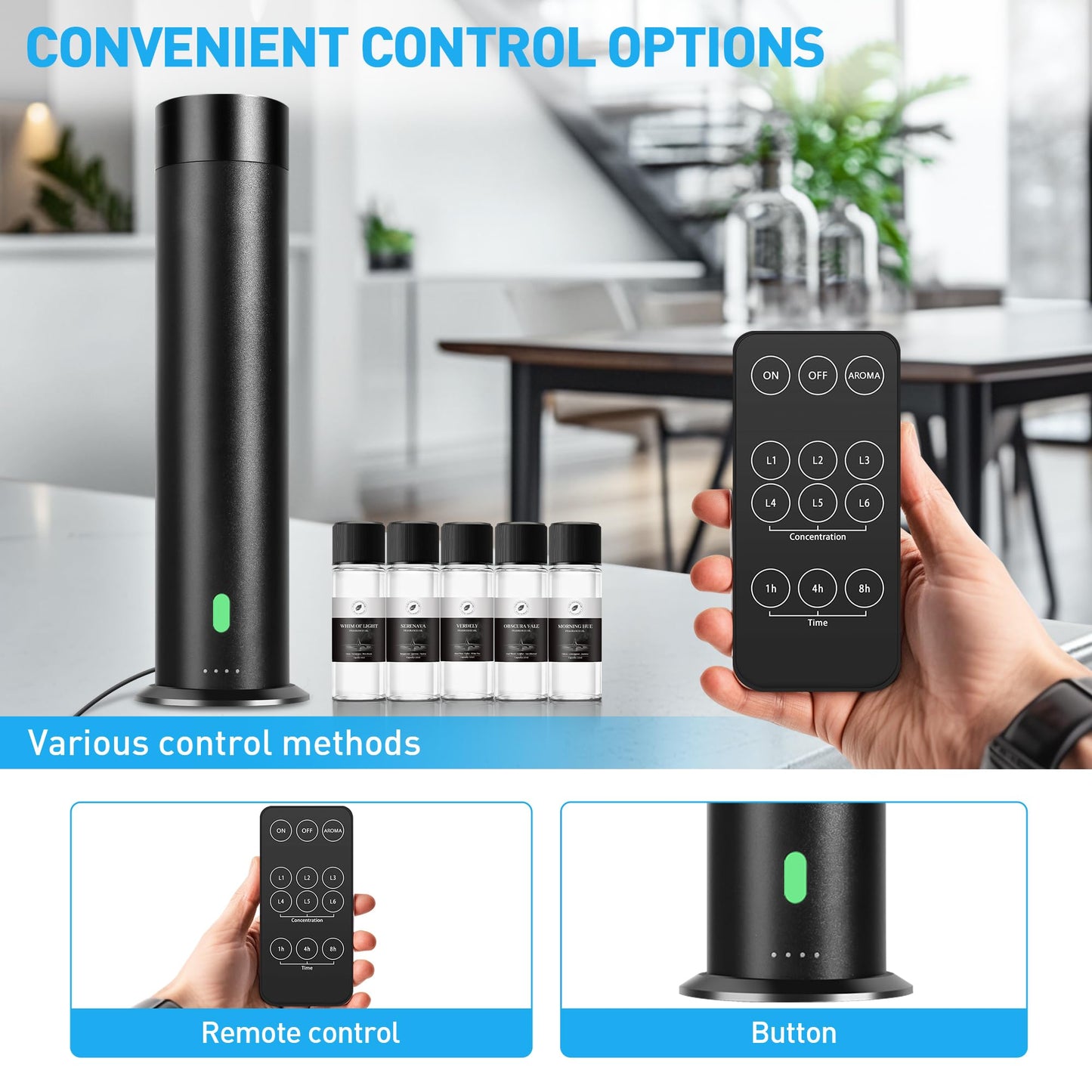 Waterless Scent Diffuser Starter Kit – 1000 Sq Ft Coverage, Black, 11.3 in, Remote, Includes 5 Oils