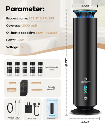 Waterless Scent Diffuser Kit – 7 Light Modes, Remote, 2000 sq ft Coverage | Aromatherapy Diffuser