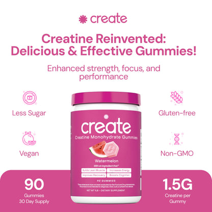 Create Creatine Monohydrate Gummies – 1.5g per Gummy, Vegan, Anti-Melt, Orange Flavor