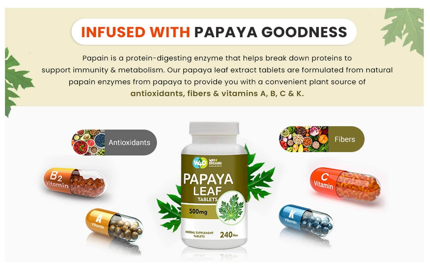 WAY 4 Organic W4O Papaya Leaf Extract Capsules (Tablets) 500 mg – 240 Pills – Supports Platelet Immunity & Digestion – 60 Days Supply