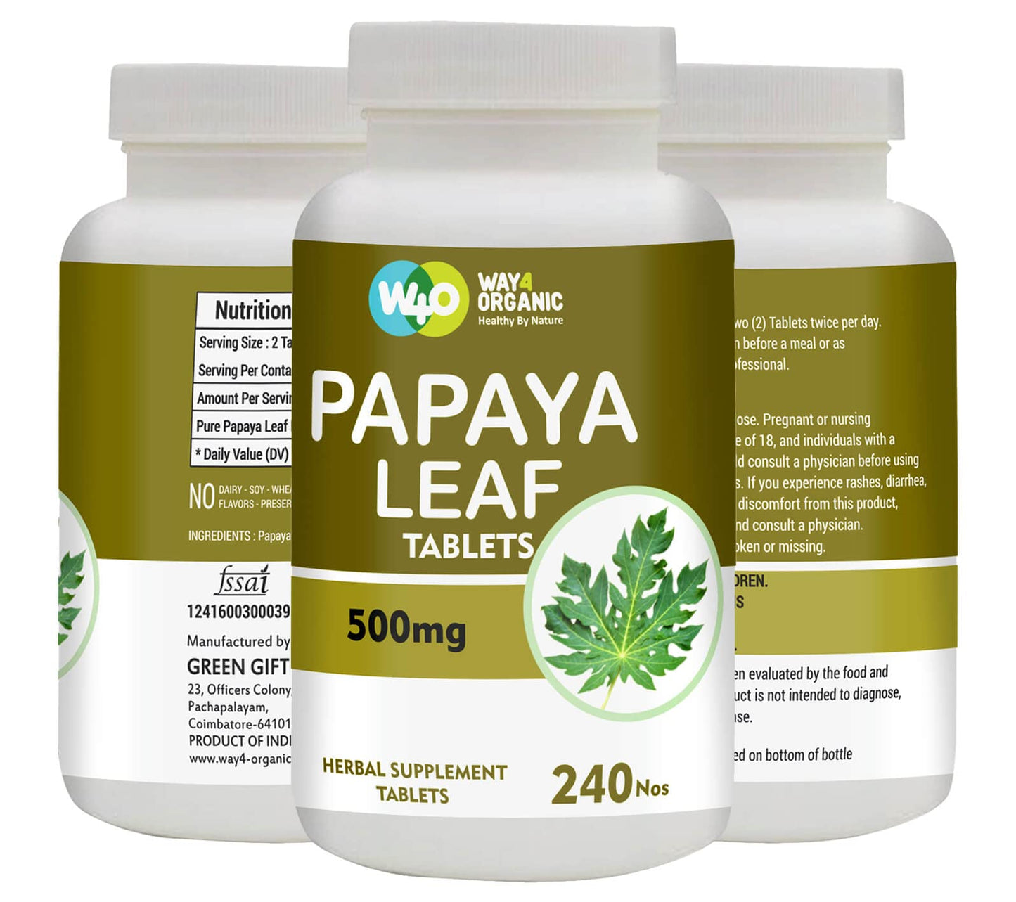 WAY 4 Organic W4O Papaya Leaf Extract Capsules (Tablets) 500 mg – 240 Pills – Supports Platelet Immunity & Digestion – 60 Days Supply