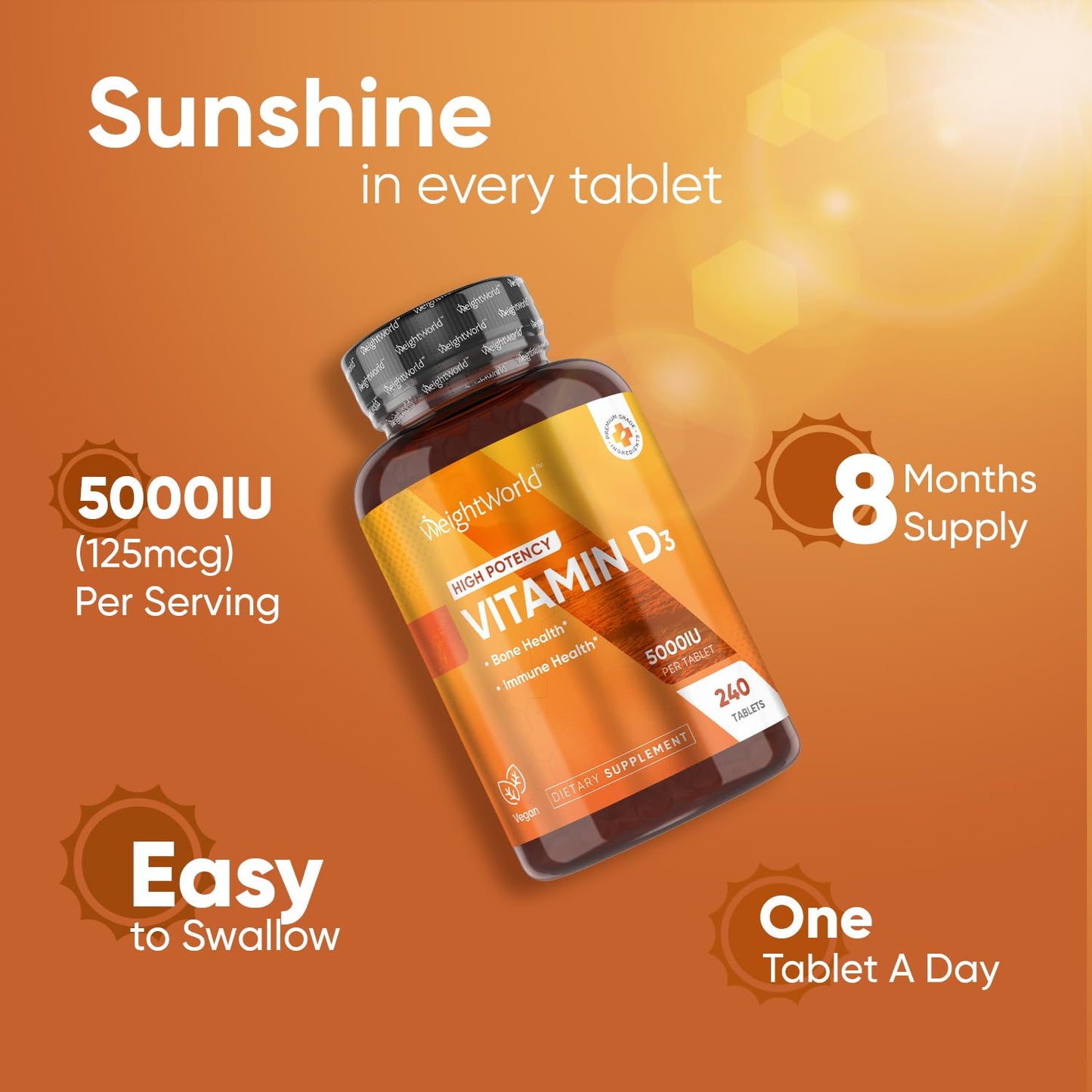 WeightWorld Vegan Vitamin D3 5000 IU – Wild-Harvested Lichen D3, 240 Tablets, Gluten & Allergen Free