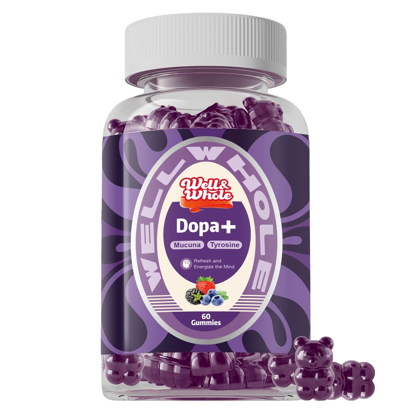 Well&Whole Dopamine Gummies – Mucuna Pruriens 500mg, L-Tyrosine 200mg, Ashwagandha, Berry Flavor, 60ct