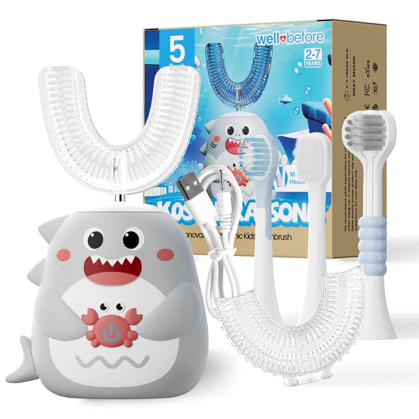 Well Before Ultrasonic Kid's U-Shaped Toothbrush – IPX7, 5 Modes, Ages 2-7 (Shark Grey)