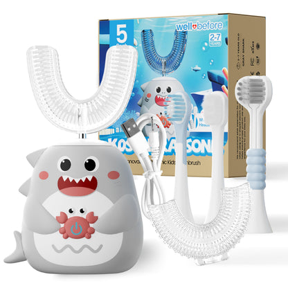 Well Before Ultrasonic Kid's U-Shaped Toothbrush – IPX7, 5 Modes, Ages 2-7 (Shark Grey)