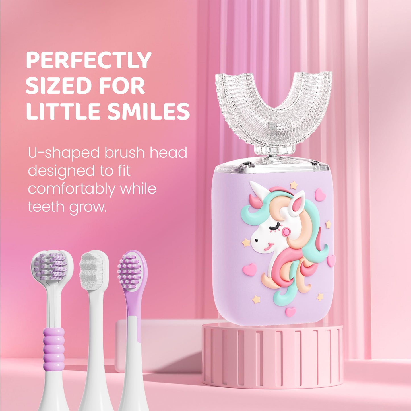 Well Before U-Shaped Ultrasonic Kid's Toothbrush – IPX7, 5 Modes (Unicorn Pink, Ages 2-7)