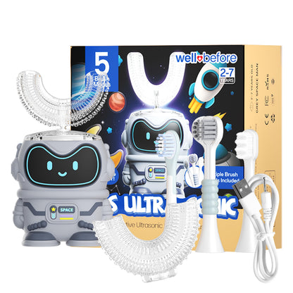 Well Before Ultrasonic Kid's U-Shaped Electric Toothbrush, IPX7 Waterproof, Five Cleaning Modes (Spaceman, Grey Ages 2-7)