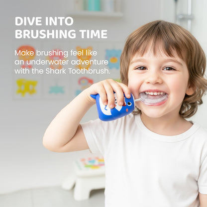 Well Before Ultrasonic Kid's U-Shaped Toothbrush – IPX7 Waterproof, 5 Cleaning Modes (Shark Blue, Ages 2-7)