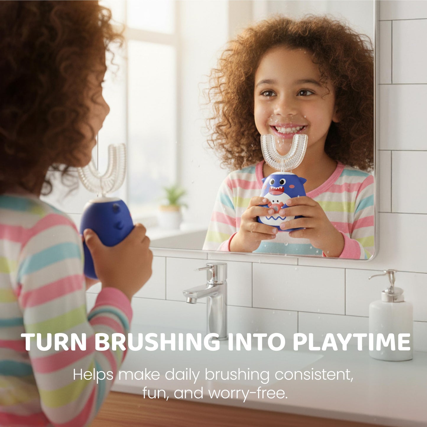Well Before Ultrasonic Kid's U-Shaped Toothbrush – IPX7 Waterproof, 5 Cleaning Modes (Shark Blue, Ages 2-7)