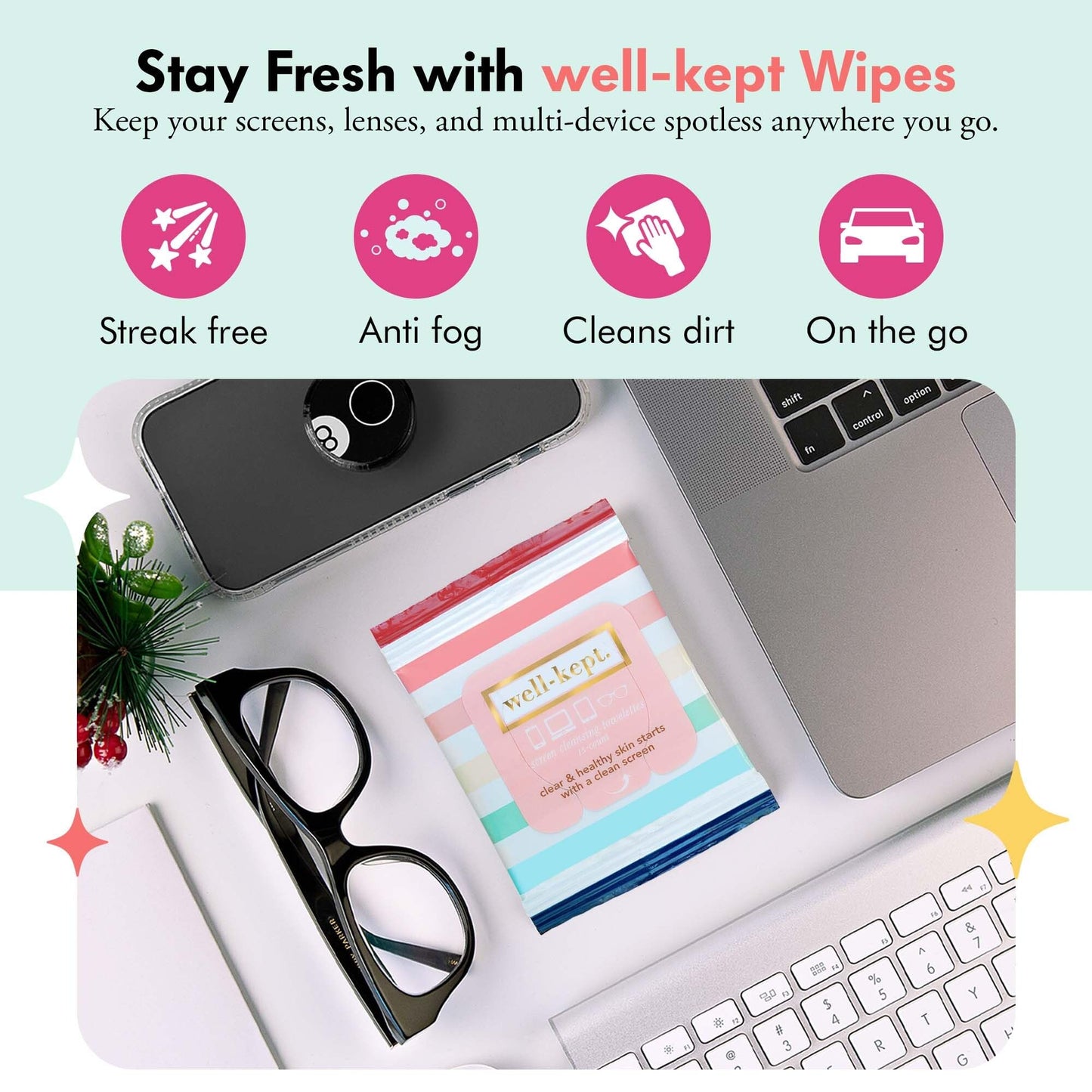 Well-Kept Tech & Lens Wipes - Eyeglass, Screen & Phone Cleaning (12 Pack, 180 Count)