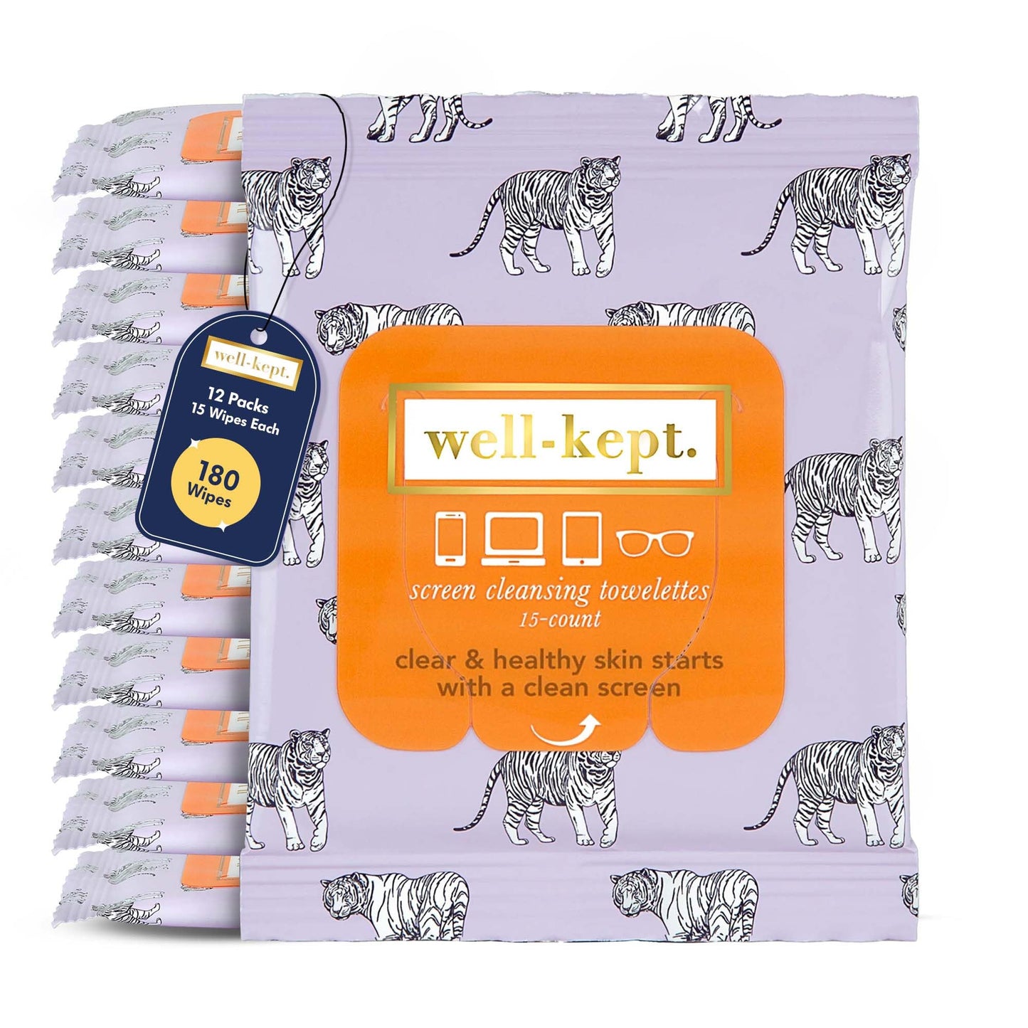 Well-Kept Tech & Lens Wipes - 12 Pack (180 Count) | Eyeglasses, Screens & Phones | Tiger Pose