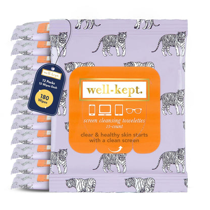 Well-Kept Tech & Lens Wipes - 12 Pack (180 Count) | Eyeglasses, Screens & Phones | Tiger Pose