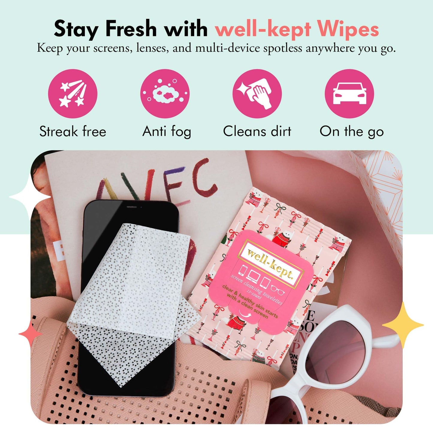 Well-Kept Tech & Lens Wipes - 6 Pack (90 Count) | Eyeglass, Screen & Phone Cleaning | Choupette
