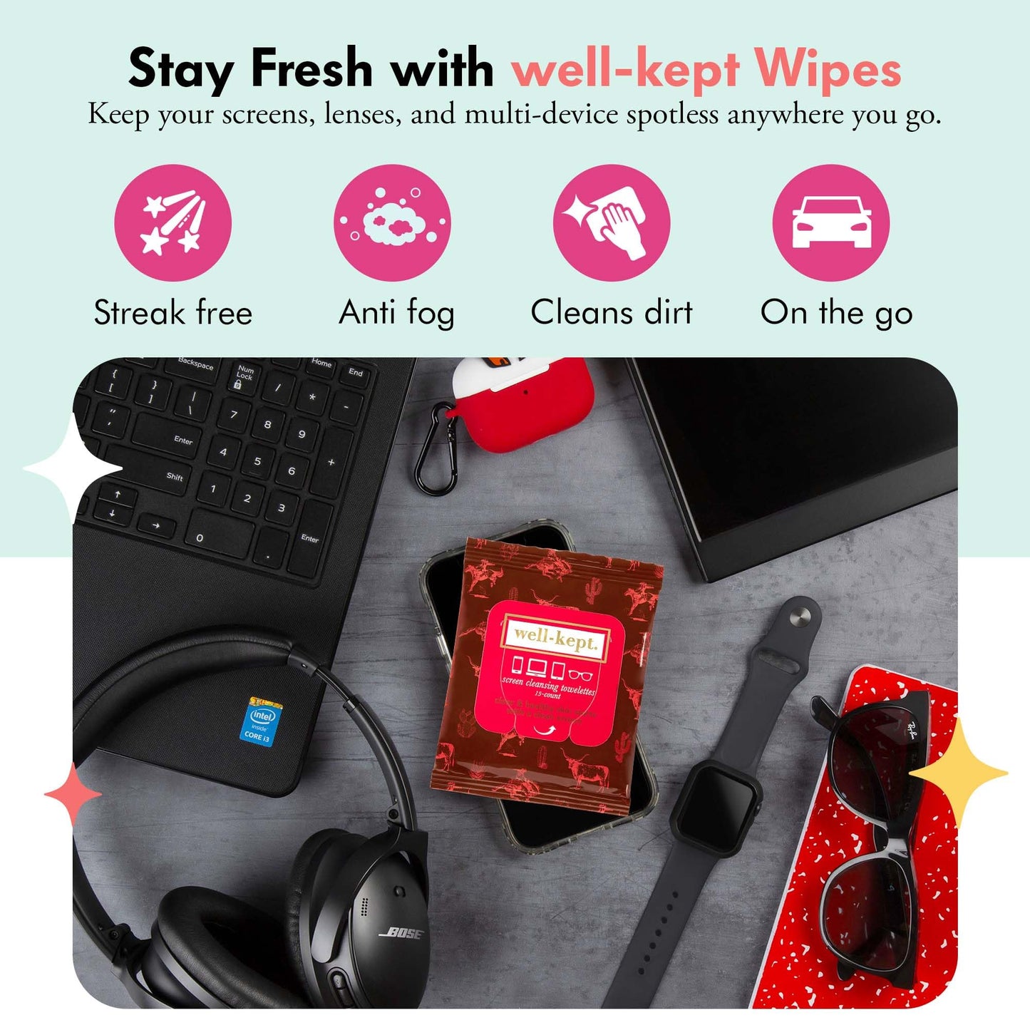 Well-Kept Tech & Lens Wipes - 180 Count (12 Pack) for Eyeglasses & Screens