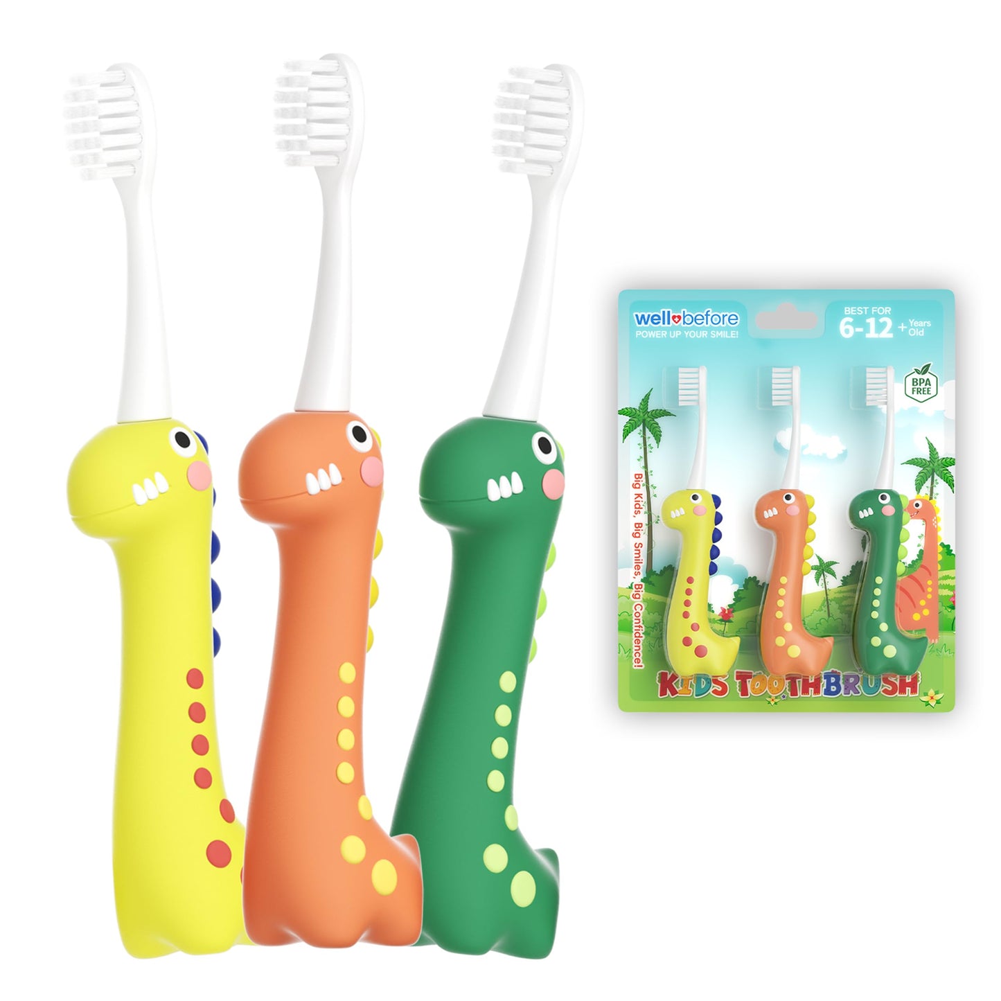Well Before Dinosaur Kids Toothbrush – 0.12mm Ultra-Soft Bristles, 3-Pack