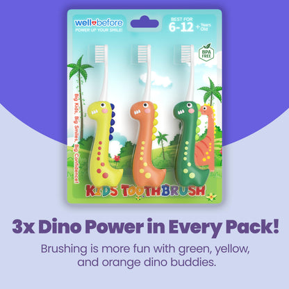 Well Before Dinosaur Kids Toothbrush – 0.12mm Ultra-Soft Bristles, 3-Pack