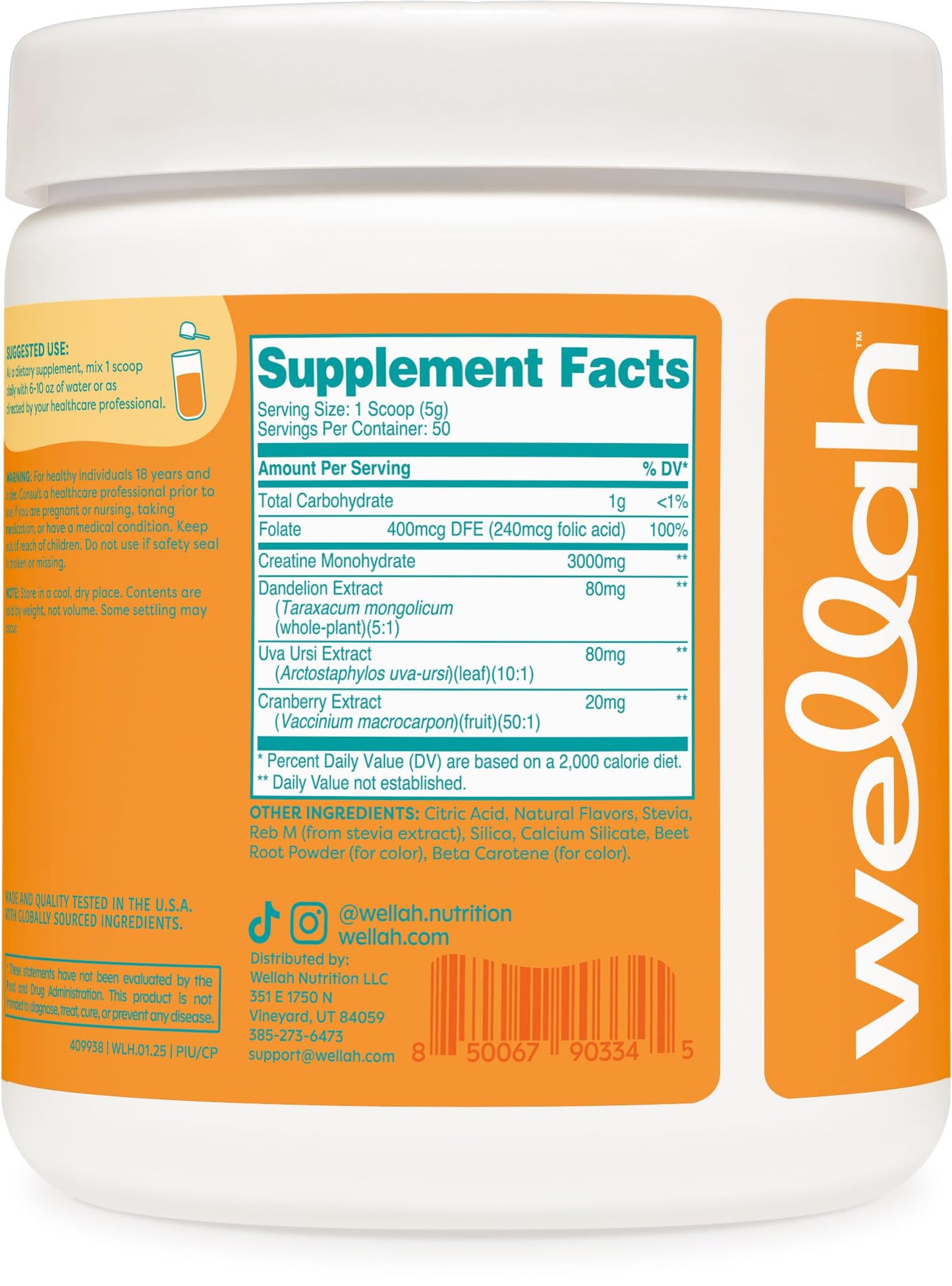 Wellah Creatine for Women – 50 Servings Clementine Peach | Creatine Monohydrate with Dandelion & Cranberry Extract