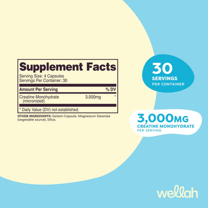 Wellah Creatine Monohydrate Capsules (3000 mg) - 120 Capsules | Micronized Creatine, 30 Servings