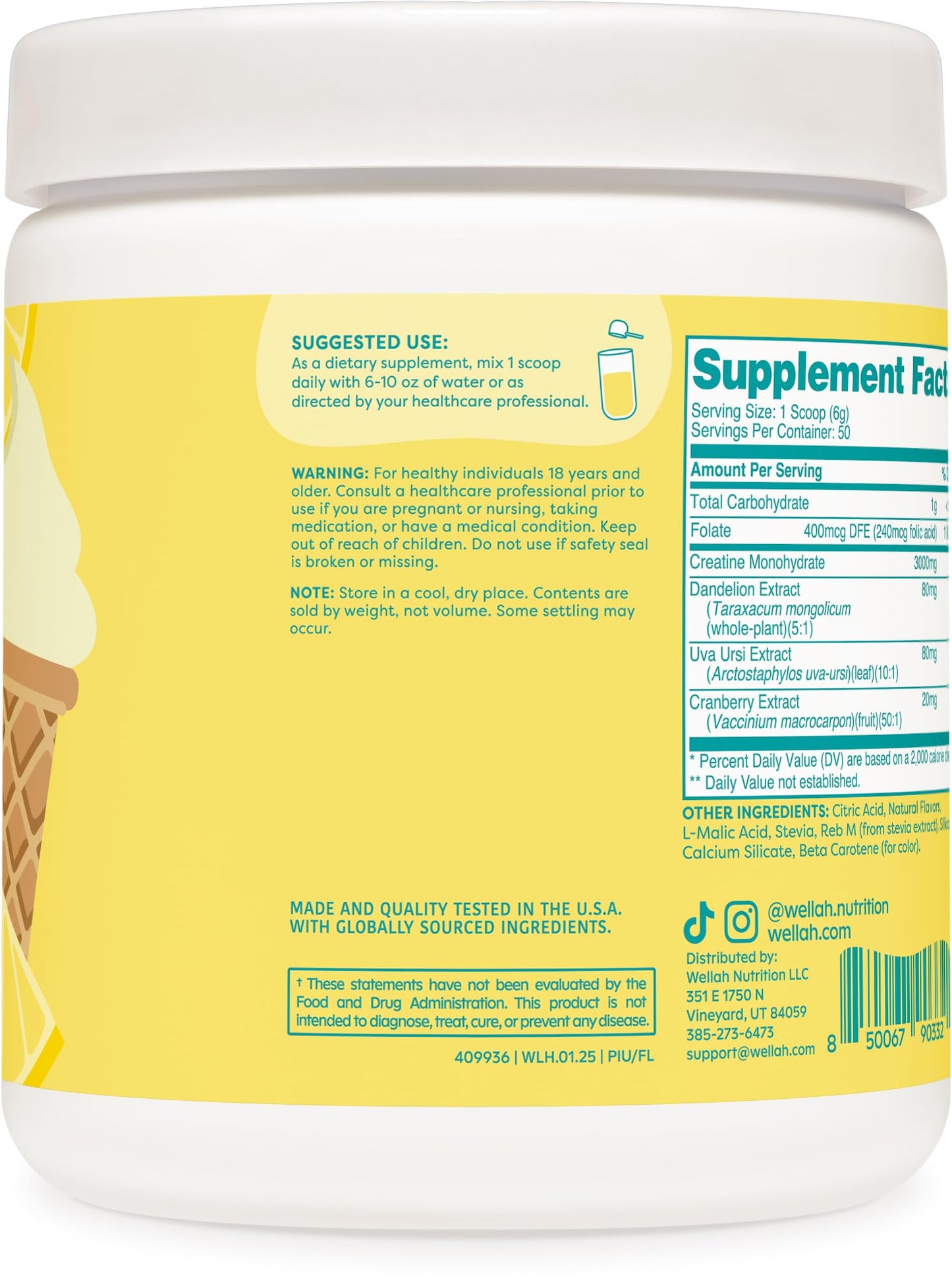 Wellah Creatine for Women – 50 Servings, Frozen Lemonade | Creatine Monohydrate + Dandelion & Cranberry