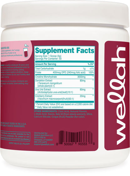 Wellah Creatine for Women (50 Servings, Guava Passionfruit) - Creatine Monohydrate with Dandelion & Cranberry Extract