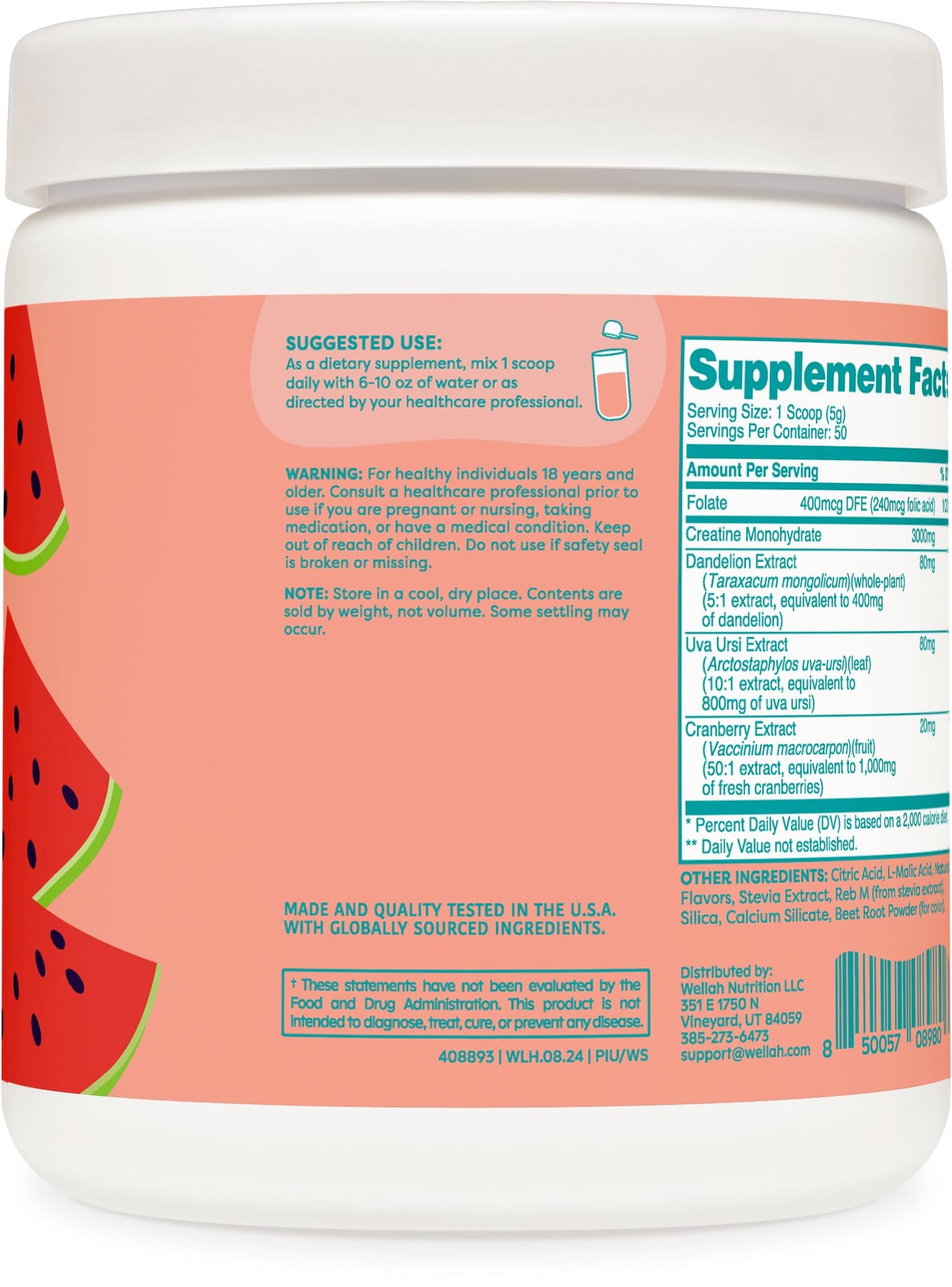 Wellah Creatine for Women (50 Servings, Watermelon Slush) – Creatine Monohydrate with Dandelion & Cranberry Extract