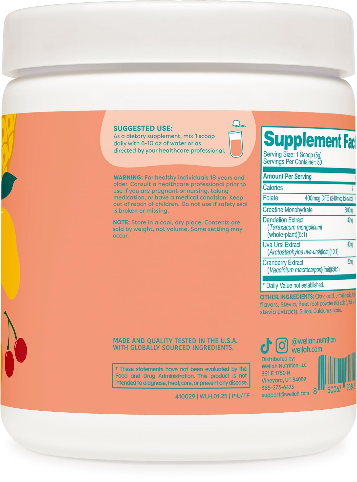 Wellah Creatine for Women (50 Servings) – Creatine Monohydrate with Dandelion & Cranberry Extract | Tropical Punch